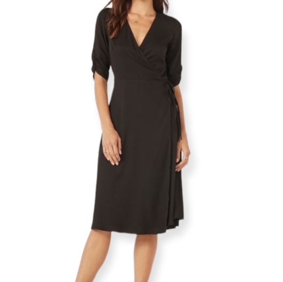 Bisou Bisou Black Shortsleeve Wrap Dress, Cinchable Sleeves with Ties, EUC, sz 6 - Picture 1 of 6